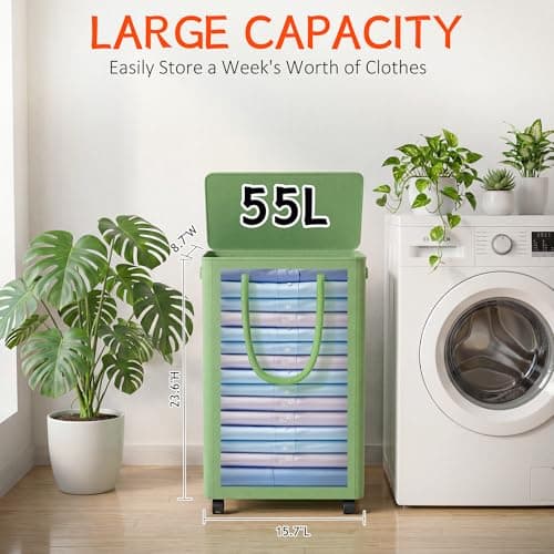 Slim Laundry Hamper with Wheels,15 Gal (55L) Rolling Laundry Basket with lid and wheels Clothes Hamper Foldable Tall Dirty Clothes Basket Sturdy Collapsible Clothes Hamper for Dorm,Laundry Room - Thumbnail 2