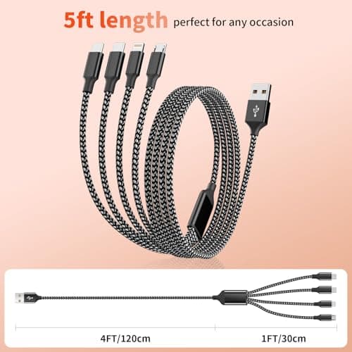 Multi Charging Cable 2Pack 5Ft,Dual Type-C Multiple Charger Cable Nylon Braided 4 in 1 Multi USB Charging Cord with IP/Type C/Micro USB Ports for Cell Phones/iPhone/Tablets/Samsung Galaxy & More - Thumbnail 5