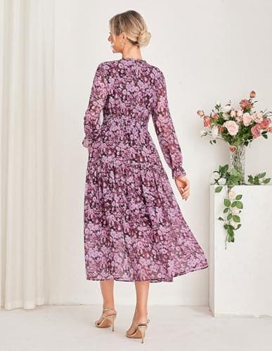 GRACE KARIN Long Sleeve Fall Dresses for Women Chiffon Flowy Long Dress Floral Swing Ruffle Tea Party A Line Dress Purple L - Thumbnail 4