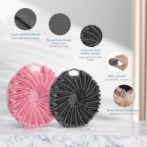2Pcs Silicone Body Scrubber,Exfoliating Body Scrubbers for use in Shower,Silicone Body Brush for Showering and Anti-Slippery Handles for All Skin Types,Eco Friendly Shower Scrubber for Body (Pink) - Thumbnail 5