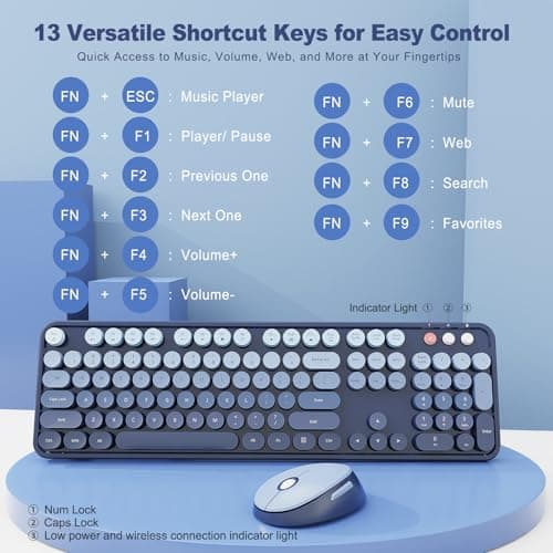Nowlike Wireless Keyboard and Mouse Combo, Retro Typewriter Keyboard with Round Keycaps, Full-Size Ergonomic, Blue, Ideal for Windows PC, Home, Office, and College, Wireless Keyboard Mouse Combo - Thumbnail 3
