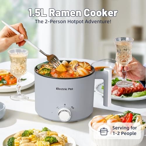 KERZION Electric Hot Pot :1.5L Mini Ramen Cooker with Overheat & Boil-Dry Protection, Suitable for Noodles, Soup, Oatmeal, College Dorm Office Travel Essentials (Grey, 1.5L) - Thumbnail 4