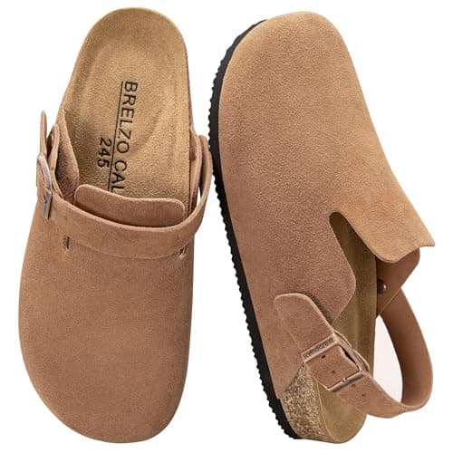 Brelzo Calvior Womens Suede Clogs Mens Leather Mules Arch Support Potato Shoes Slip On Slipper Sandals with Adjustable Buckle for Outdoor Use, Brown Size 7 - Image 1