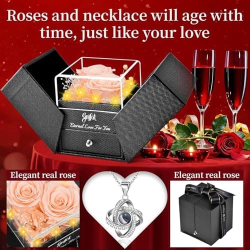 2 Preserved Rose Gift for Women - Eternal Rose with I Love You Necklace - Romantic Birthday Gifts for Girlfriend Mom Her Wife Grandma on Valentines Mothers Day Anniversary Christmas-Red Champagne - Thumbnail 5