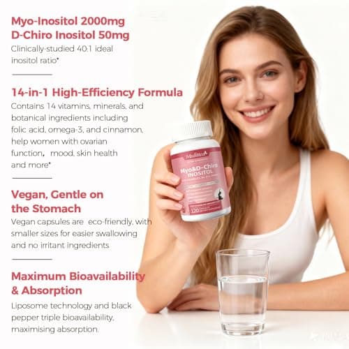 Mulittea Myo-Inositol & D-Chiro Supplement for Women - 14-in-1 Liposomal Inositol with Folic Acid,Omega-3 & Multivitamin for Hormone Balance,Support Ovarian,Skin & Mood- 40:1 Vegan 120 Capsules - Thumbnail 5