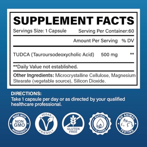 TUDCA 500mg Supplement, Liver and Gallbladder Support, Genuine Purified Bile Salts with Bitter Taste, Vegan, Gluten Free, Non GMO - 60 Capsules - Thumbnail 2