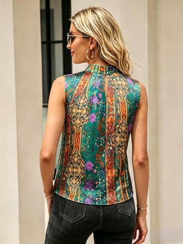Funlingo Womens Tank Tops Silk Satin Summer Blouse Dressy Casua Mock Neck Camisoles Soft Vacation Going Out Tops Ethnic Prints L - Thumbnail 3