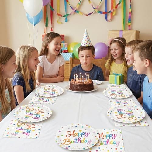 NatNarr 50 Pcs Happy Birthday Paper Plates and Napkins, 7 Inch Colorful Polka Dot Birthday Cake Dessert Plates Disposable Tableware Set for Birthdays Party Decorations, 25 Guests - Thumbnail 6