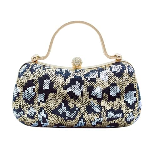 EONTISO Womens Sequined Leopard Print Evening Clutch Purse, Crystal Clasp, Gold Chain Strap (black) - Image 1