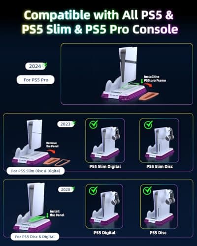 Cooling Station and Console Stand for PS5/Pro/Slim, Dual Controller Charging Station with Ambient RGB Lighting for PlayStation 5, PS5 Stand Controller Charger for Disc & Digital with Cooling Fan - Thumbnail 4