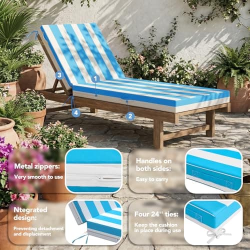 L'AGRATY Outdoor Lounge Chaise Cushion: 72x21x3 Inch Waterproof Lounge Chair Cushion for Outdoor Furniture with Fade Resistant Removable Cover - Patio Cushions for Pool Lawn Deck(Blue White 2Pcs) - Thumbnail 4