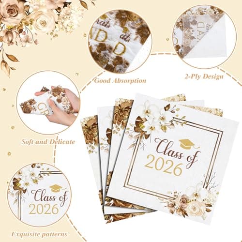 80 Pcs Boho Graduation Napkins, 6.5 Inch Boho Floral Congrats Grad Party Napkins Gold and White Class of 2026 Paper Napkin for High School College Graduation Party Decorations - Thumbnail 3