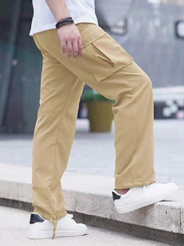 ALLABREVE Mens Casual Joggers Pants Hiking Drawstring Chino Cargo Pants Lightweight Outdoor Twill Track Jogging Sweatpants Cotton Loose Straight Leg Pants (Beige 30) - Thumbnail 6