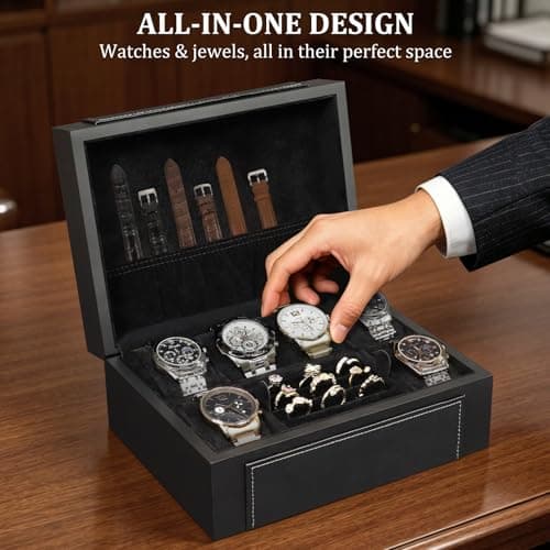 KAMIER Watch Box for Men, 6-Slot High End Wooden Watch Case with Jewelry Organizer, Watch Box Holder Organizer for Men Women, Watch Storage Box with Soft Velvet Pillows, Ideal for Gift - Thumbnail 2