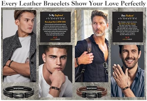 Btysun Gifts for Husband, Fathers Day Bracelet Gifts for Husband Birthday Gifts Mens Leather Bracelet Stocking Stuffers Cool Braided Leather Cuff Bracelets Thank You I Love You Gift - Thumbnail 6