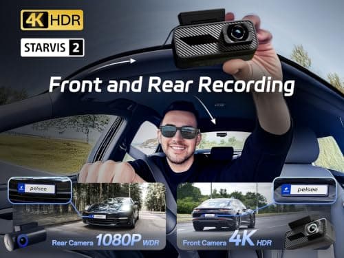 Pelsee P1 Pro 4K Dash Cam Front and Rear, STARVIS 2 Sensor, 64GB Card, Dual Dash Camera for Cars with Full-Color Night Vision, HDR WDR, ADAS, GPS, WiFi & Voice Control, 24H Parking Mode, 3.39" Screen - Thumbnail 2