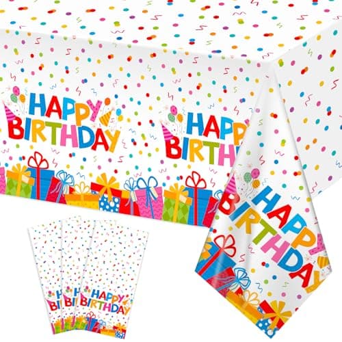 NatNarr 3 Pack Plastic Birthday Tablecloth, 54 x 108 Inch Disposable PE Happy Birthday Tablecloth Waterproof Rectangle Birthdays Party Table Cover for Birthdays Party Decorations