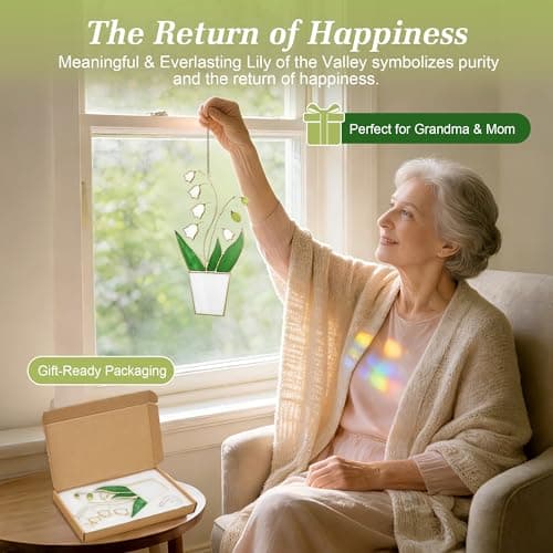 Real Stained Glass Lily of The Valley Suncatcher - Lifelike 3D Sculptural Floating Flowers Window Hanging, Tiffany-Style Premium Gold-Tone Finish, May Birth Flower & Plant Lover Gift for Grandma, Mom - Thumbnail 5