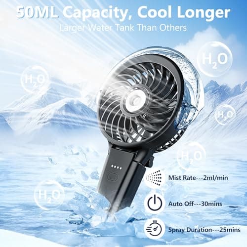 WITHOUSE 6000mAh Portable Handheld Misting Fan as Backup Power, 50ml XL Water Tank, 20H Runtime 3 Speeds, 180° Foldable Rechargeable Mist Fan for Travel, Outdoors, Makeup - Black - Thumbnail 3
