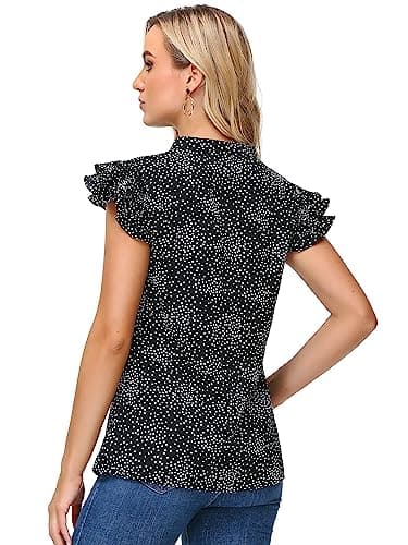 Sucolan Summer Tops for Women Sexy V Neck Shirts Cute Ruffle Sleeve Business Blouses Dressy Casual Polka Dots Black S - Thumbnail 5