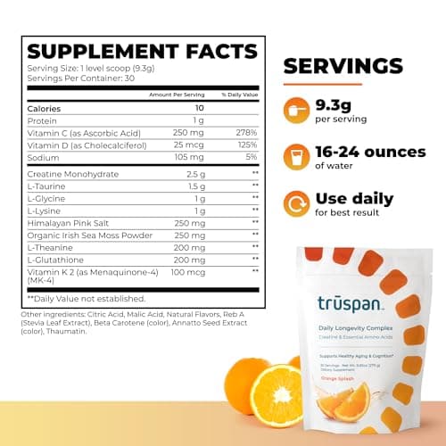 TruSpan Daily Longevity Complex Creatine Powder, with Essential Amino Acids, Sugar Free, Orange Splash Flavor, 30 Servings - Thumbnail 3