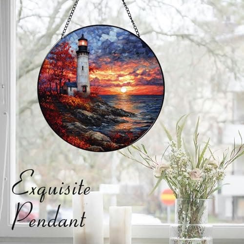 Zizzie Stained Glass Lighthouse Suncatcher, Twilight Ocean Sunset - Thumbnail 5