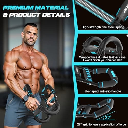 Vlangs Twister Arm Trainer for Men, Adjustable Chest Workout Equipmentwith LED Timer, Counter & Calorie Display, 27°Ergonomic Arm Exerciser for Biceps Chest, Blue Portable Home Gym Fitness - Thumbnail 4