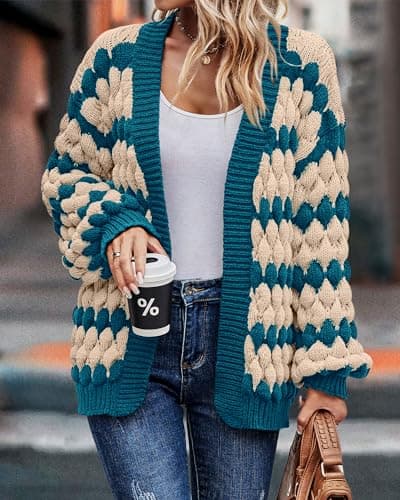 KIRUNDO Women's Cardigans Casual Long Sleeve Chunky Knit Color Block Striped Cardigan Open Front Cozy Sweater Coat Knit Outerwear Teacher Outfits(Denim Blue, Large) - Thumbnail 3