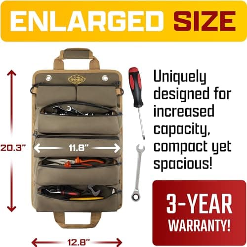 The Ryker Roll Up Tool Bag Organizer Gifts for Dad. Heavy Duty Motorcycle Tool Roll Bag Organizer. Portable Rollup Toolbag w/Detachable Pouches - Tools Bags Mens gifts for him - Mechanic & Electrician - Thumbnail 2