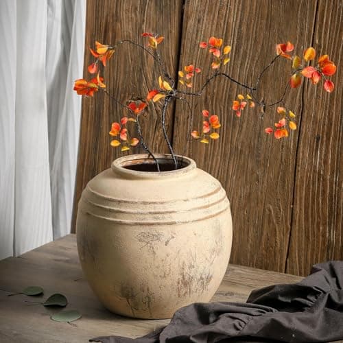 Lyeec Ceramic Flower Vase, 8.66 inch Tall Round Rustic Farmhouse Decorative Vase for Home Decor, Living Room Entryway Table Centerpiece Decor - Thumbnail 4