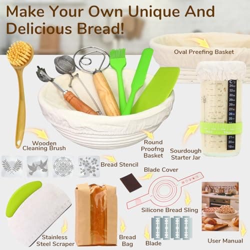 Tomshub Sourdough Starter Kit,9 Inch Round & 10 Inch Oval Banneton Bread Proofing Basket with Dough Whisk Bread Lame Dough Scraper Bowl Scraper Silicone Brush Sourdough Bread Baking Supplies - Thumbnail 2