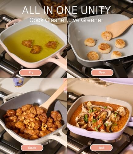 USELUCK 10.5 Inch(3.8QT) Ceramic Pan with Lid,Non Stick Frying Pans Cast Aluminum Deep Sauté Pans,Ti-Ceramic Non Toxic Pix Pan with Wooden Spatula and Scrubber-Desert Clay - Thumbnail 6