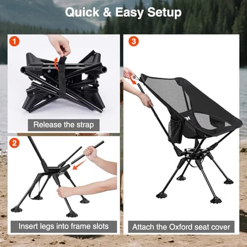 Trakiom 360° Swivel Folding Camping Chairs, Compact and Portable Chair for Outdoor Camp, Foldable Chairs with Anti-Sinking Large Feet for Travel, Beach, Picnic, Sports, Fishing Support 300 LBS(Black) - Thumbnail 5
