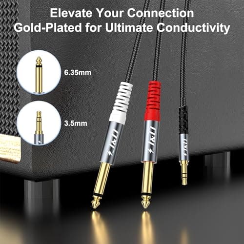 J&D 1/8 to 1/4 Stereo Cable, 3.5mm TRS to Dual 6.35mm TS Mono Y-Splitter Adapter Nylon Braid Jack Breakout Cord for Smartphone, CD Player, Speakers and Home Systems Amplifier, 3.3 Feet, Grey - Thumbnail 3