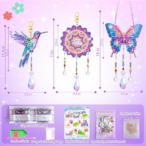 Crafts for Girls 8-12, Diamond Art Kits for Girls Ages 10-12, 3 PCS Diamond Art, DIY Suncatchers & Wind Chime Kits for Kids, Great Arts & Crafts Birthday Gift, Pretty Home/Garden/Backpack décor - Thumbnail 5