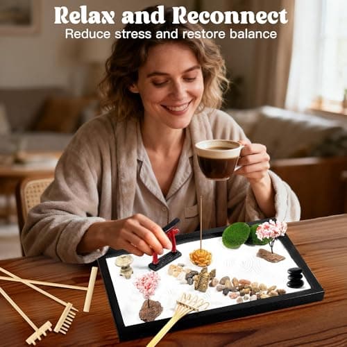 Wacloud Zen Garden Kit for Desk Decor – Japanese Mini Zen Sand Garden with 10+ Tools & Accessories, Bamboo Rakes, Torii Gate, Incense Holder & Gift Box – Stress Relief Desk Ornament for Home & Office - Thumbnail 2