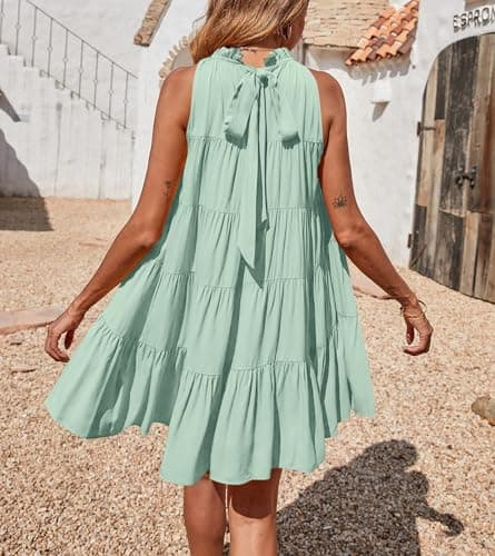 Okiwam Womens Summer Dress 2026 Sleeveless Halter Neck Flowy Mini Sundress Casual Babydoll Spring Beach Vacation Clothes-S Light Green - Thumbnail 3