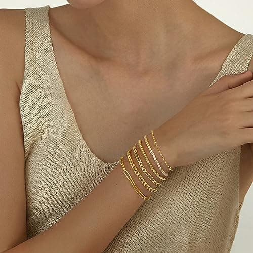 adoyi Gold Bracelets for Women, 14K Gold Plated Stackable Bracelet Stack Set Adjustable Charm Paperclip Chain Cuban Link Layered Waterproof Jewelry Sets Gifts for Womens 6.5 Inch - Thumbnail 6
