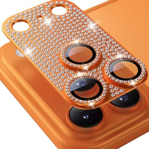 Hoerrye Bling Diamond Camera Lens Protector for iPhone 17 Pro - [1:1 Full Coverage][Strong Adsorption] 9H+ Tempered Glass Screen Protective Cover Case Friendly,Glitter Orange
