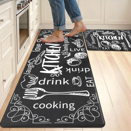 HEBE Kitchen Rugs Set of 2, Cushioned Anti Fatigue Kitchen Mats for Floor, Non Slip Waterproof Comfort Standing Desk Mat Carpet for Sink, Stove, Laundry Room, Black - Image 1