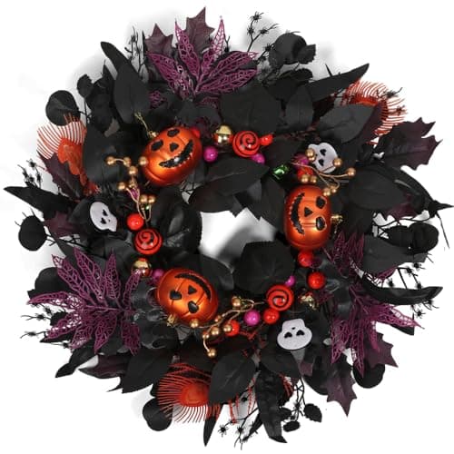 Ezyec 24" Glitter Halloween Wreath for Front Door - Sparkly Balls, Skulls, Bat, Skeleton, Pumpkin Fall Wreath for Outdoor Porch and Indoor Wall, Weather-Resistant and Easy-to-Hang
