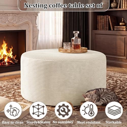 BSHOMGI Coffee Table 32”Ottoman for Couch Plush Corduroy Memory Foam Footstool Cloud Boneless Sectional for Living Room Round Side Table Cushiong No Assembly Makeup Desk (Beige, 32") - Thumbnail 5