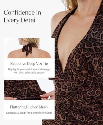 Popilush One Piece Swimsuit Women Tummy Cnotrol - Bathing Suit Tankini Leopard Swimsuits V Neck Mesh Swim Suits - Thumbnail 2