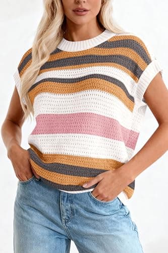dowerme Womens Spring Tank Tops 2026 Cute Cap Sleeve Crewneck Color Block Crochet Sweater Vest Striped Summer Outfits(Striped Pink White,X-Large) - Thumbnail 4