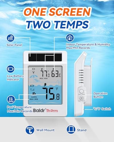 BALDR Wireless Pool Thermometer Floating Easy Read, 2026 Upgrade Solar Powered Water Temperature Gauge with Indoor Monitor, IPX8 Waterproof 500FT Range for Pools,Hot Tubs,Spas, Baths, Aquariums - Thumbnail 3