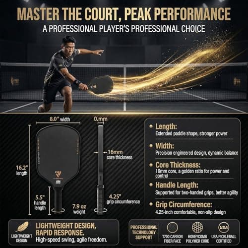 T700 Carbon Fiber Pickleball Paddles, Pickleball Set 16mm Pickle Ball Rackets with CMS Matte Surface Lightweight Honeycomb Core & Durable Edge Guard Protector Larger Sweet Spot - Thumbnail 6