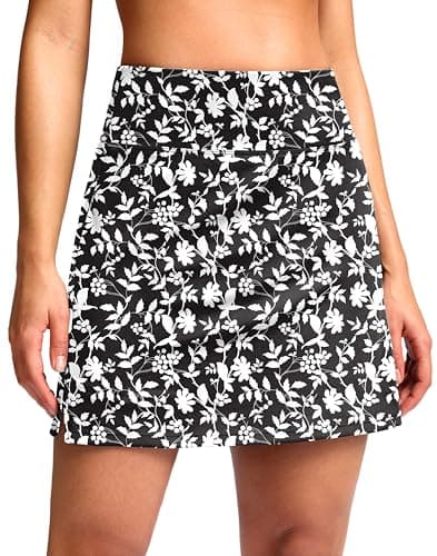 SANTINY 16" Skorts for Women with 2 Pockets High Waisted A Line Pickleball Golf Skort Casual Athletic Tennis Skirt (Black Flower_M) - Image 1
