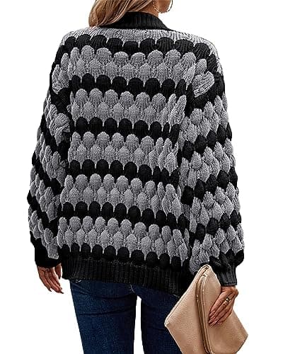 KIRUNDO Cardigan for Women Fall Lantern Sleeve Color Block Striped Cable Knitted Cardigan Casual Loose Open Sweater Jacket Winter Coat(Grey, Medium) - Thumbnail 2