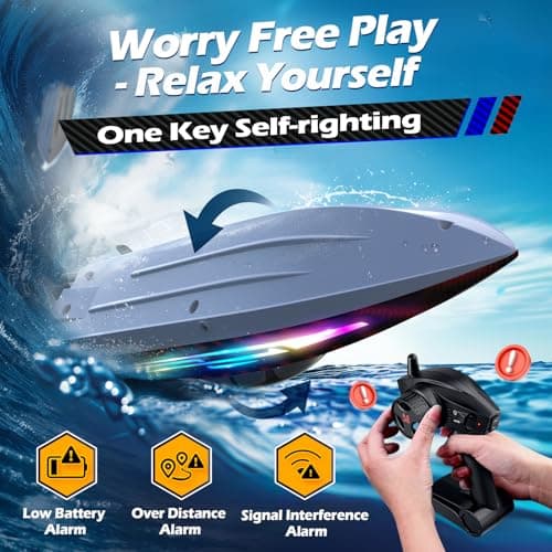 RC Boat for Kids Adults, Fast Remote Control Boat for Pool, Lakes with 30+KPH, 7 LED Lights,Self-Righting,Water Cooling,Fully Waterproof Hull,Demo,Rechargeable Battery,2.4GHz RC Boats Summer Toys - Thumbnail 3