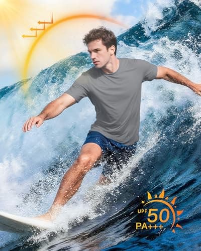 Men's UPF 50+ Swim Shirts, Sun Protection Short Sleeve Rash Guard, Quick Dry T-Shirt for Fishing and Surfing Light Grey - Thumbnail 6